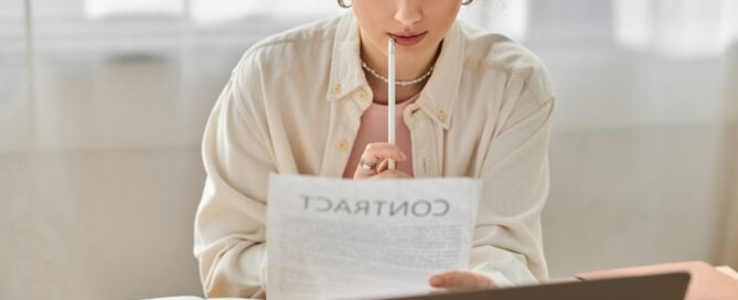 Business Woman Thoughtfully Reviews A Contract