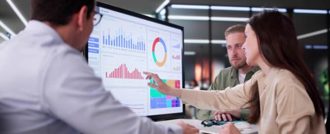 Businesswoman Managing Company Data Using Analytics Dashboard For Financial Performance.
