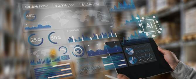 Ai-powered Business Analytics Dashboard Above A Tablet In A Warehouse