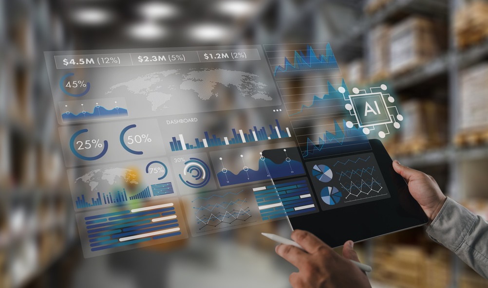 Ai-powered Business Analytics Dashboard Above A Tablet In A Warehouse